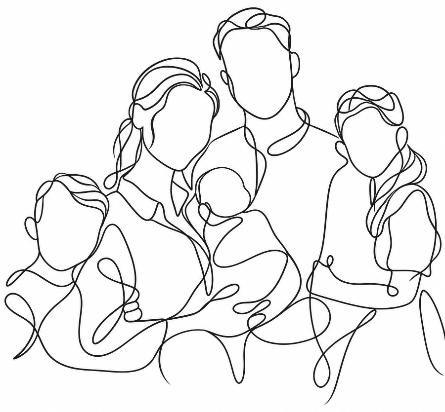 Strichzeichnung einer Familie mit drei Kindern